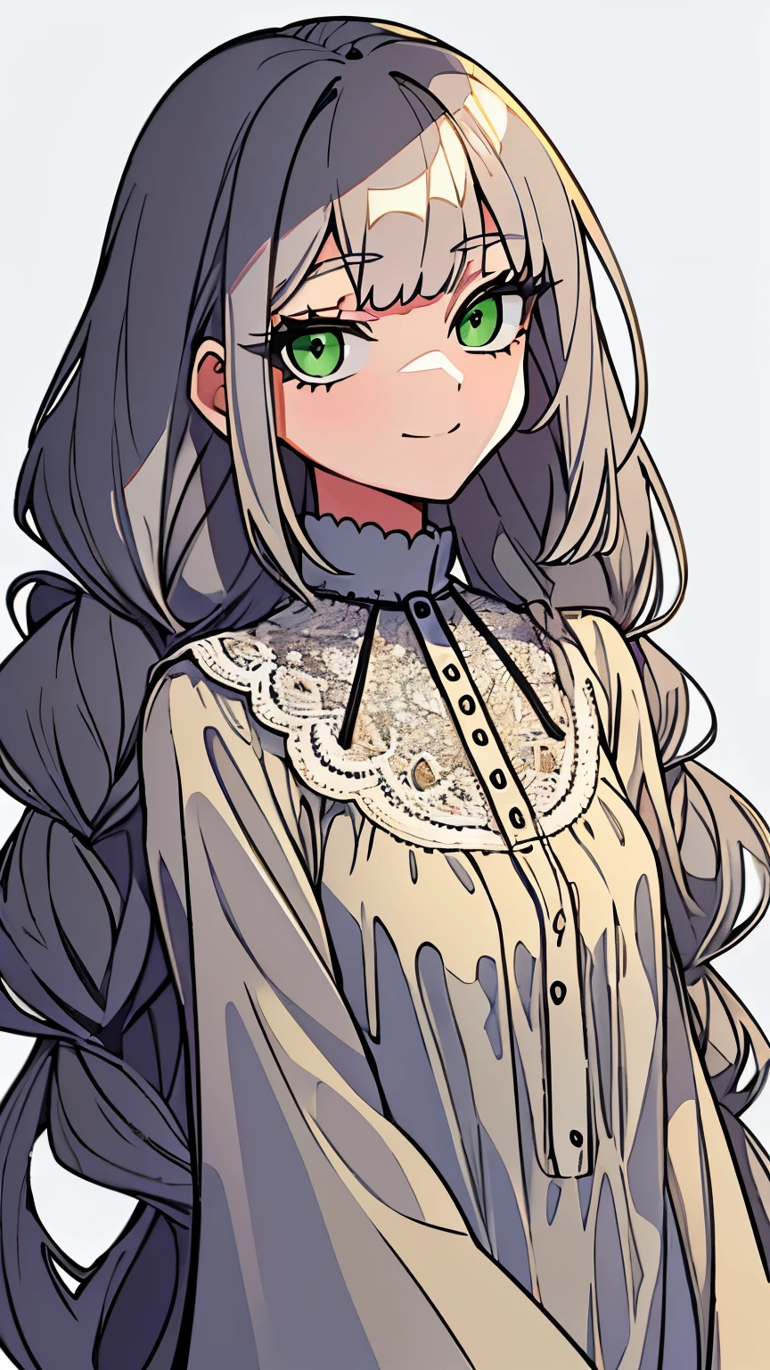 ultra precision,masterpiece, highest quality,one girl,beautiful girl,16 year old girl,(look at me),pretty face,((gray hair)),soft braids,(green eyes),detailed slanted eyes,long eyelashes,smile,Lace Nightgown,short neck,Slender body shape,simple background,
