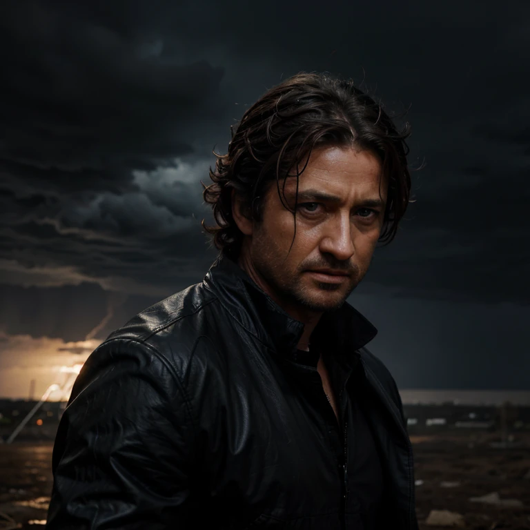 Gerard butler en una tormenta de rayos con lluvia triste con cabello muy largo negro ojos azules