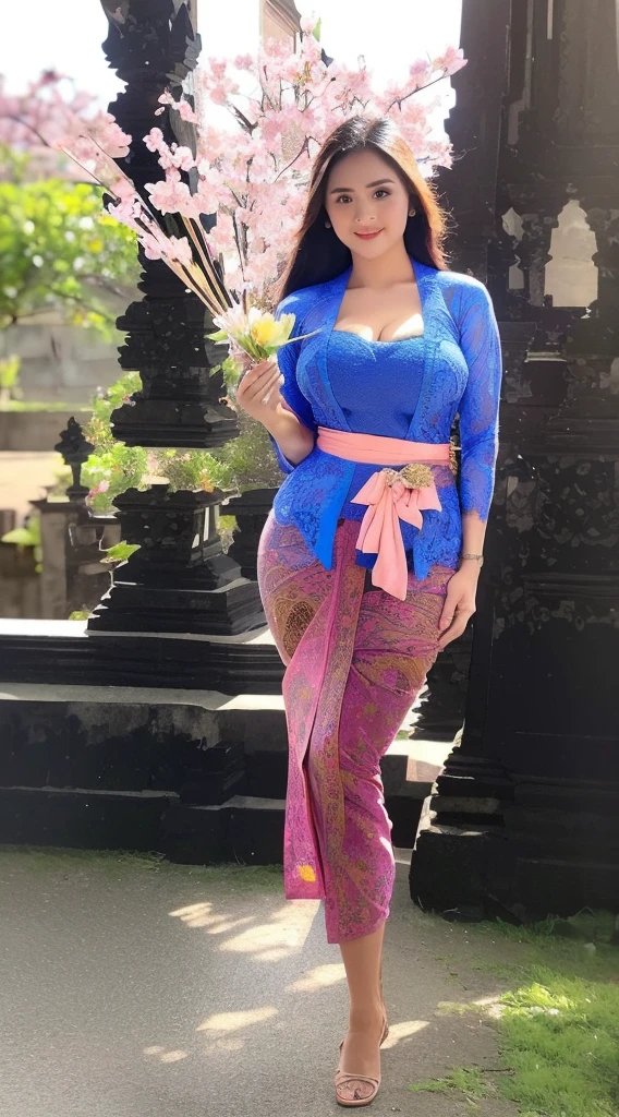 (((Sexy Balinese girl holding a bouquet of pink cherry blossoms))),(8k, RAW photo, best quality, work:1.3), (realistic, photo-realistic:1.37),1girl,cute,city view,night,rain ,wet,professional lighting, photon mapping, radiosity, Physically based rendering, gradient black hair, long straight hair, beautiful, feminine, collection of white balls, excellent image quality, high resolution, 1080p, (((clear face)) ), (detailed facial description), (detailed hand description), ((( masterpiece))), (beautiful CG), extreme light and shadow, messy hair, masterpiece, rich details, (exquisite facial features), (highest image quality ), (masterpiece), (eye details), look forward to your eyes, delicate collarbone, (((blue_kebaya_bali))),(non NSFW),(Full Body),(cute face:1.5),(big body:1.2 )( big breasts:1.7),high heels,(big hips:1.5),(big thighs:1.4),(wide waist:1.4),blue kebaya_bali,slightly exposed breasts,bust cleavage,lipgloss,lace,