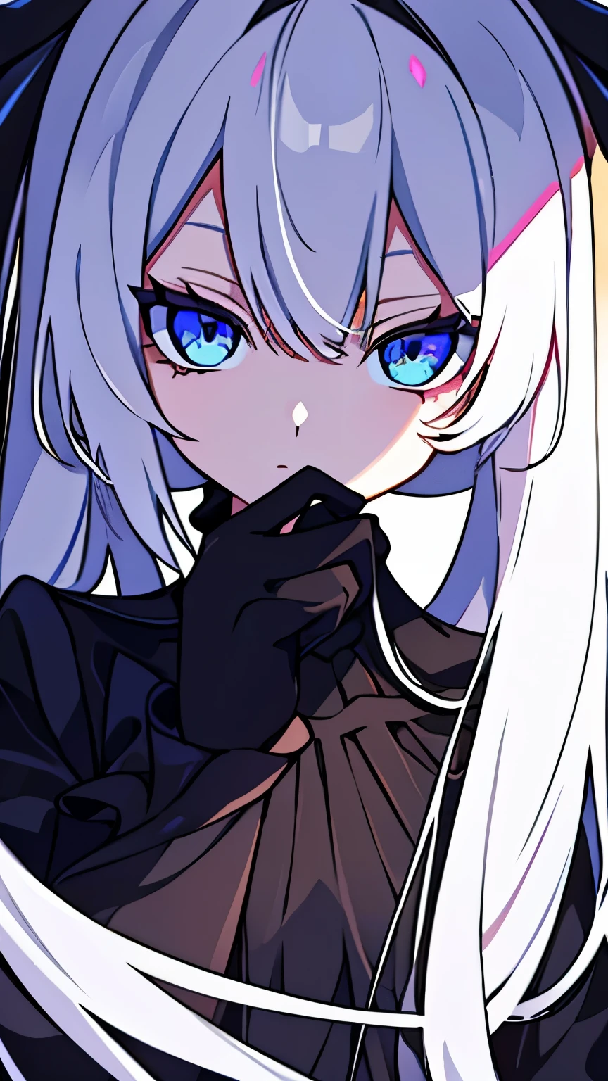 ultra precision,masterpiece, highest quality,full body portrait,one girl,beautiful girl,16 year old girl,(look at me),pretty face,(((white hair))),long hair,twin tails,bangs,(Dark blue eyes),detailed slanted eyes,long eyelashes,cool look,(((black dress))),(((Place your hand close to your face))),Slender body shape,small breasts,simple background,
