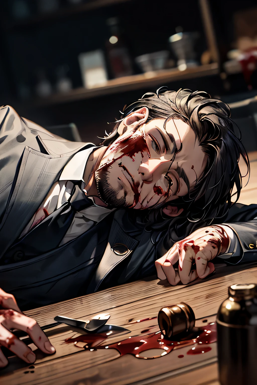 there is a man laying on the floor with blood on his face, badass anime 8 k, detailed digital anime art, artstation mans aesthetic, handsome guy in demon slayer art, artwork in the style of guweiz, realistic artstyle, kawacy, smooth anime cg art, realistic anime artstyle, photorealistic artstyle, 8k high quality detailed art