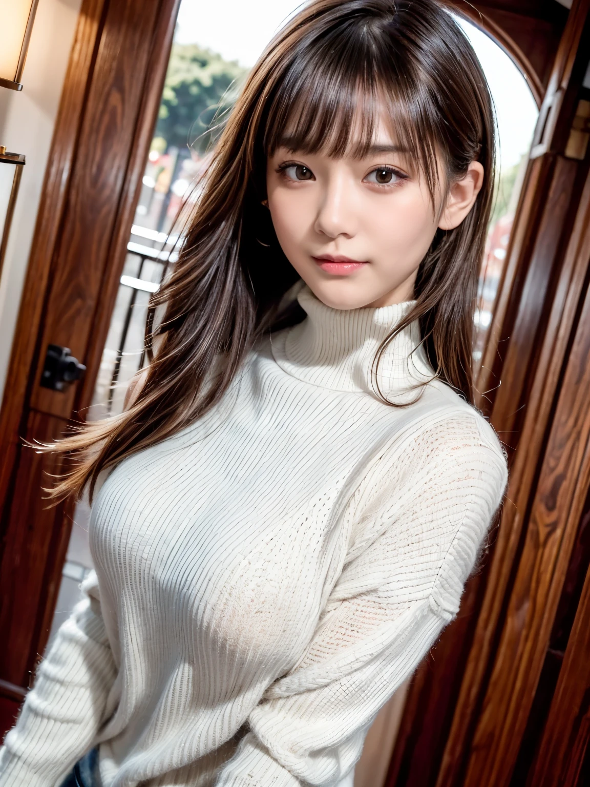 (16K, highres, absurdresmasterpiece, best quality, ultra detailed, exquisite, beautiful), delicate facial features, beautiful japanese idol, late s, 19year old, woman, (looking at viewer:1.2), realistic portrait, raw photo, ultra realistic photo, upper body, front view, golden ratio, delightful, cheerful, smiling, (waving at the camera:1.4), armpit, standing, cinematic lighting, in focus with blurred background, medium hair, diagonal bangs, messy hair, brown hair, brown eyes, toned body, amusement park, Turtleneck Sweater,