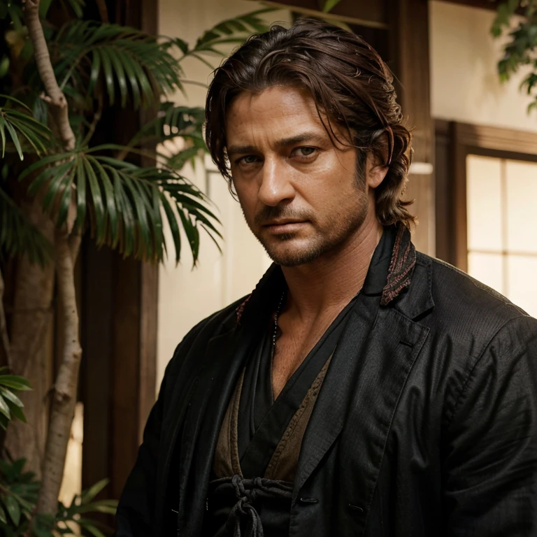 Gerard butler bajo un arbol de cerezos con      cabello muy largo samurai 