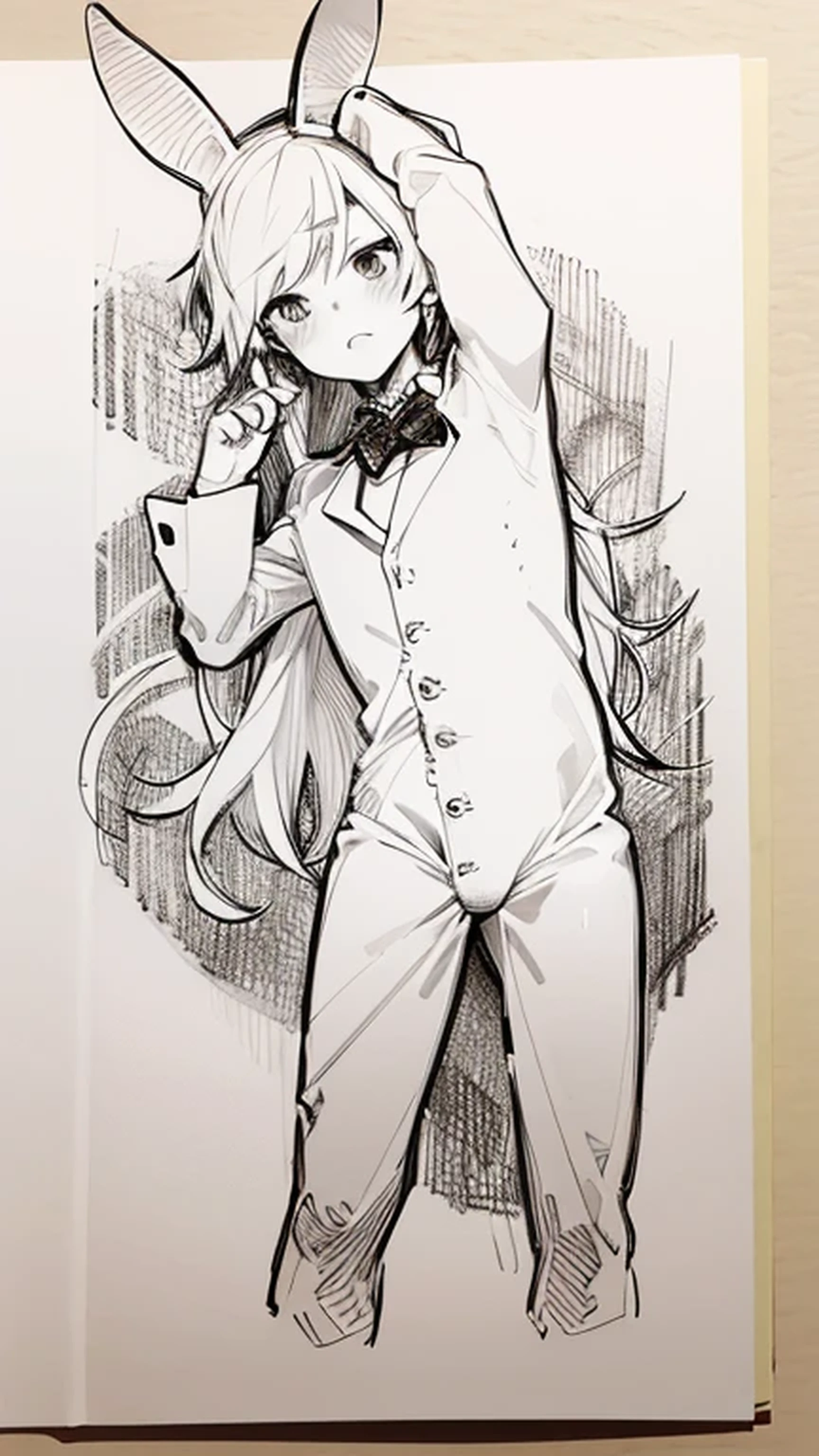 pen_sketch_style, 1boy, young boy, solo, ink, sketch, long hair, bunny suit, femboy, cute,