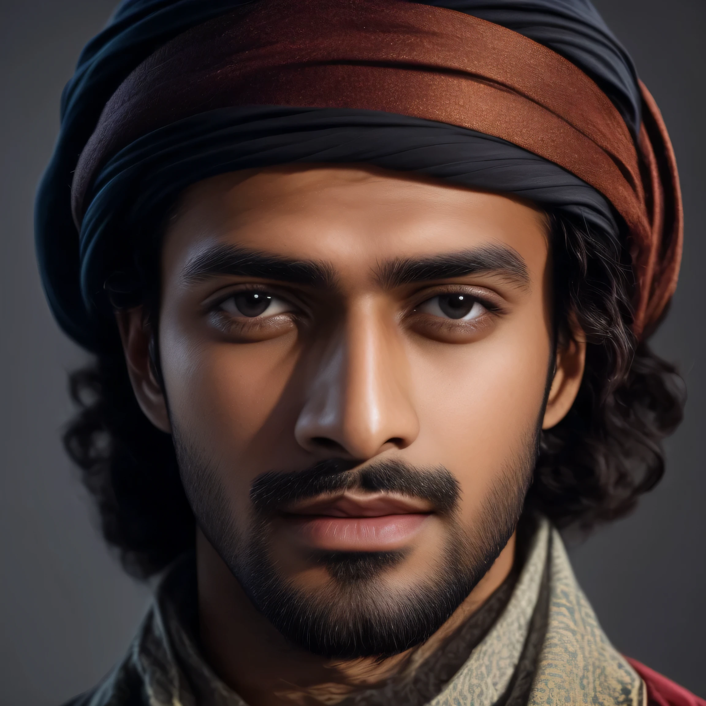 Rana, Rana with a turban and scarf on his head, portrait of bedouin d&d, handsome prince of persia, brown skin man egyptian prince, 8k portrait render, middle eastern skin, arab man, 8k highly detailed face, handsome detailed face, arab man light beard, highly detailed vfx portrait of, realistic restored face, handsome stunning realistic