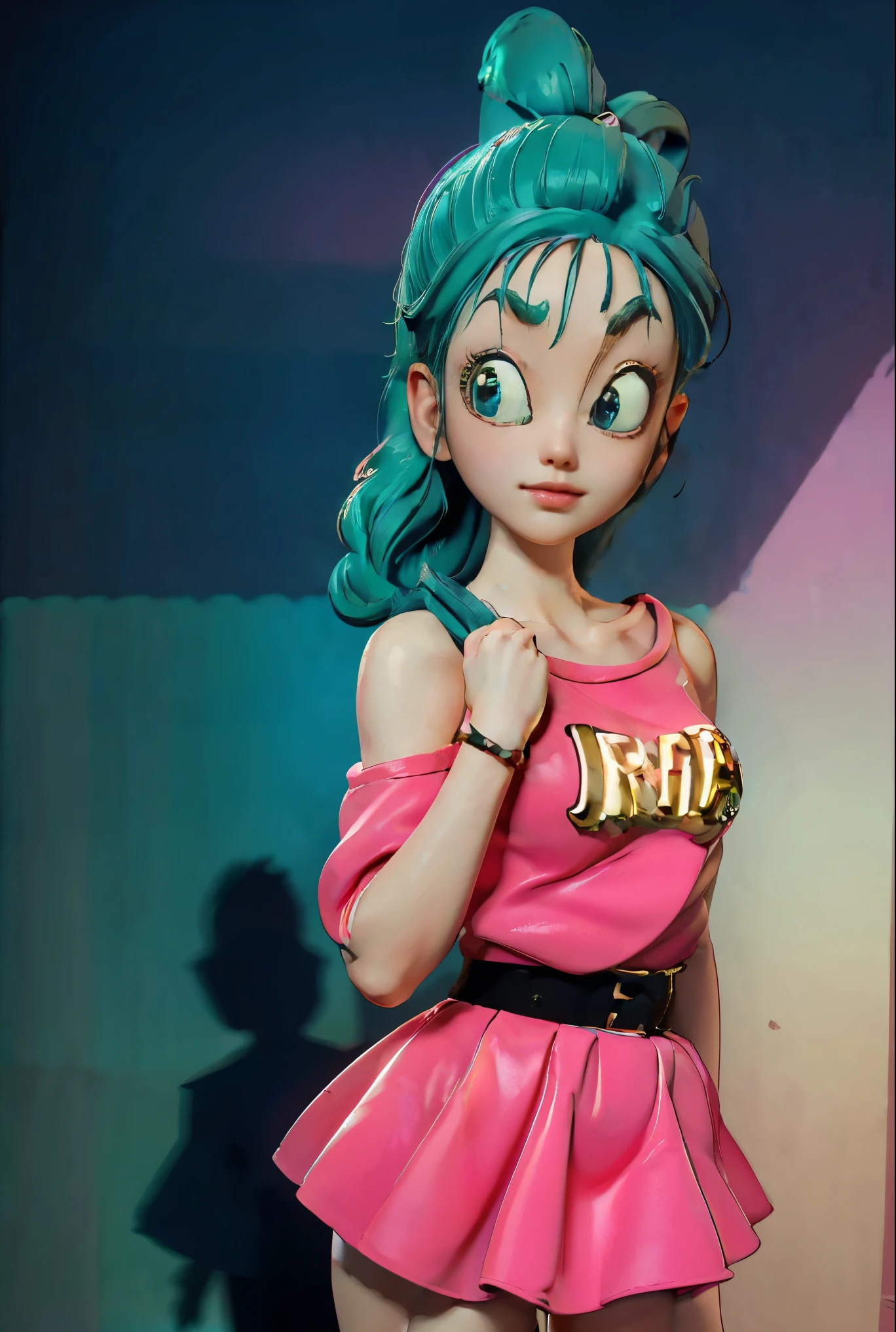 (masterpiece, best quality, ultra-detailed, best shadow), (detailed background, pastel fantasy), (beautiful detailed face), high contrast, (best illumination, an extremely delicate and beautiful), cinematic lighting, a pretty girl, perfect body, miniskirt, clay like artstyle, kawaii style, pixar style, dynamic pose, dreamlike aesthetic