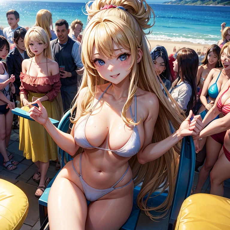 highest quality, masterpiece, blonde、gal、big breasts、tits、swimsuit、exposed、Slut、smug face、sandy beach、crowd