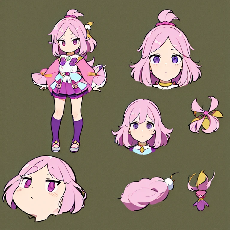 Personagem feminino,cabelo longo,cheio e ondulado de cor castanho escuro, seus olhos castanhos escuro, cor da pele parda, in anime version, de cores das veste branca, with pink and lilac details, em desenho flores, uma personagem feminina estilo anime e uma mestra de bombas Model sheet.