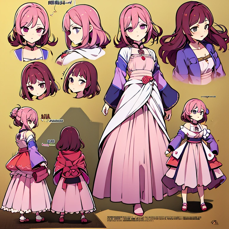 Personagem feminino,cabelo longo,cheio e ondulado de cor castanho escuro, seus olhos castanhos escuro, cor da pele parda, in anime version, de cores das veste branca, with pink and lilac details, em desenho flores, uma personagem feminina estilo anime e uma mestra de bombas Model sheet.