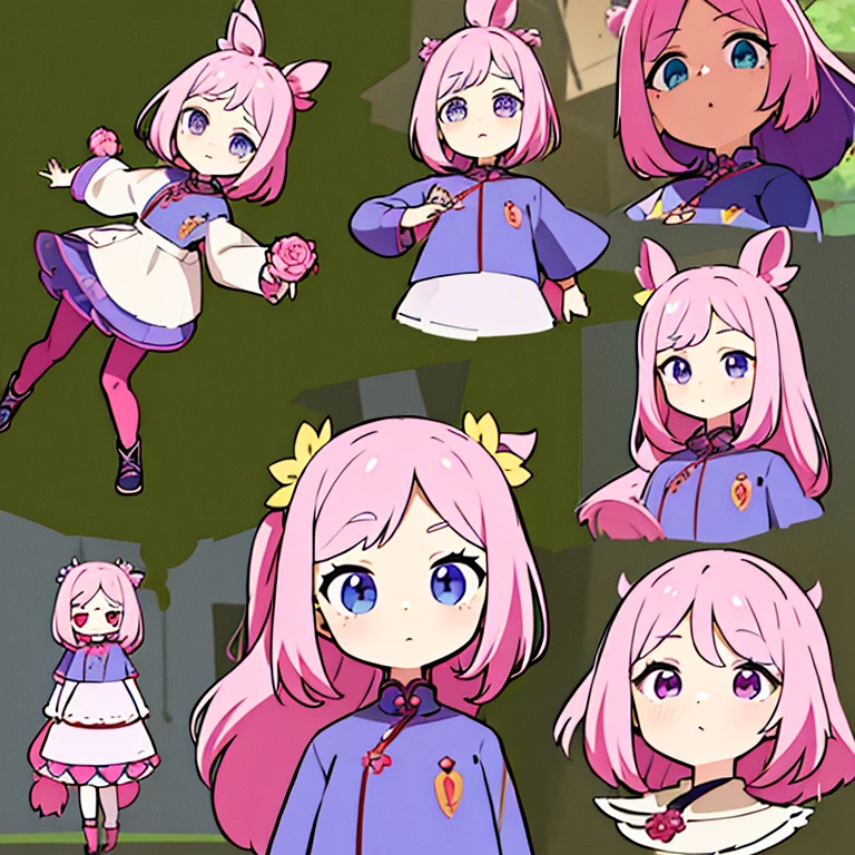 Personagem feminino,cabelo longo,cheio e ondulado de cor castanho escuro, seus olhos castanhos escuro, cor da pele parda, in anime version, de cores das veste branca, with pink and lilac details, em desenho flores, uma personagem feminina estilo anime e uma mestra de bombas Model sheet.