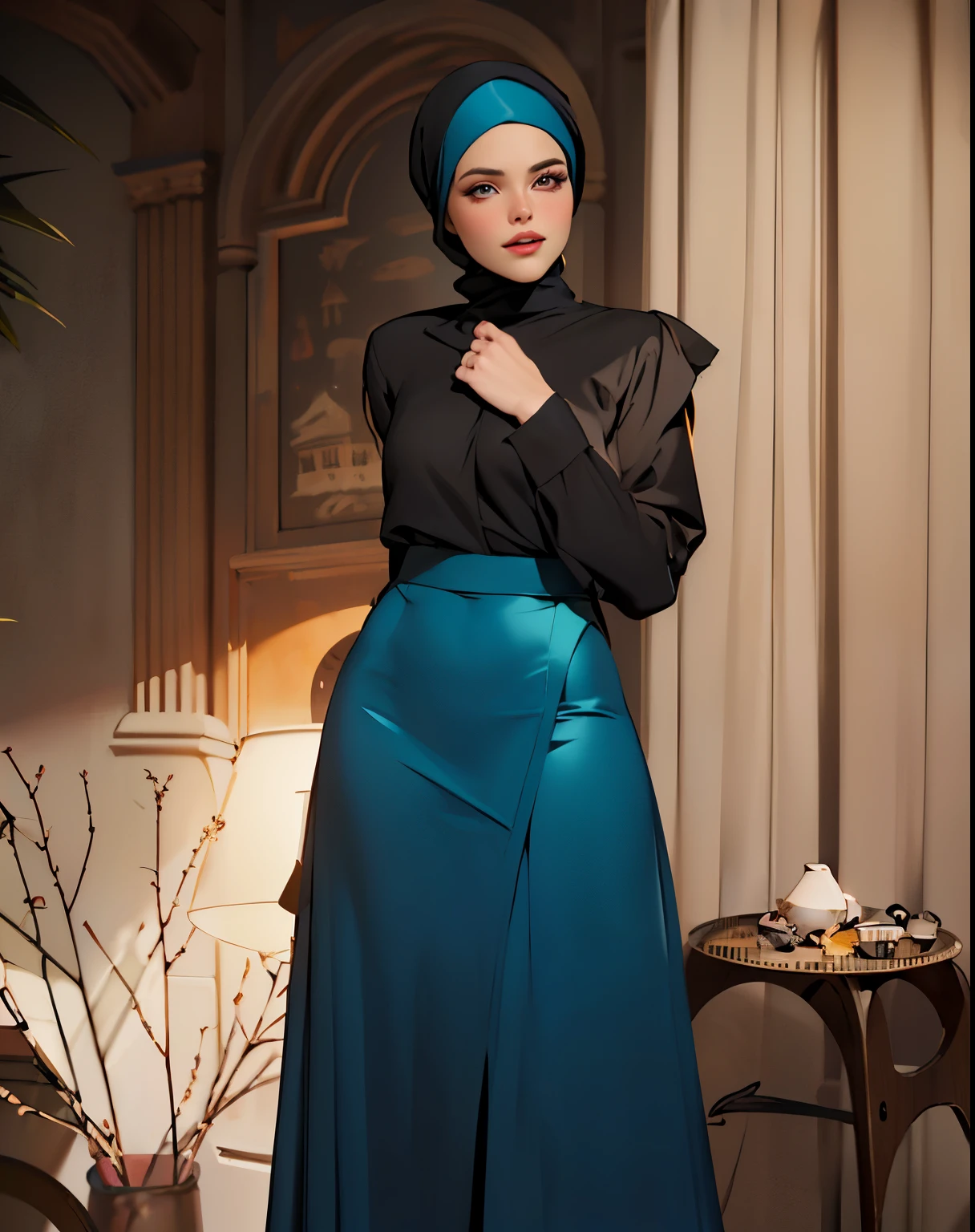 3dmm style, (Masterpiece), realistic, best quality, best lighting, extremely detailed artgerm, style artgerm, beautiful mature woman, 1 girl photo solo, beautifully makeup, eyeshadow, Parted Lips, Detailed Eyes, ((beautiful big eyes)), long eye lashes, dimples on the cheeks, smile, wearing silk turban hijab, ((Dark blue satin hijab)), loosely tide hijab style, shining silk, satin, blue satin, ((Blue satin shirt and satin long skirt)), (Half-body portrait), Front view, Standing Symmetric Centre, facing the viewer, passports photo, gray background.