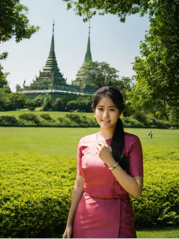 Myanmar 1girl. The background is Bagan pagodas, Myan mar