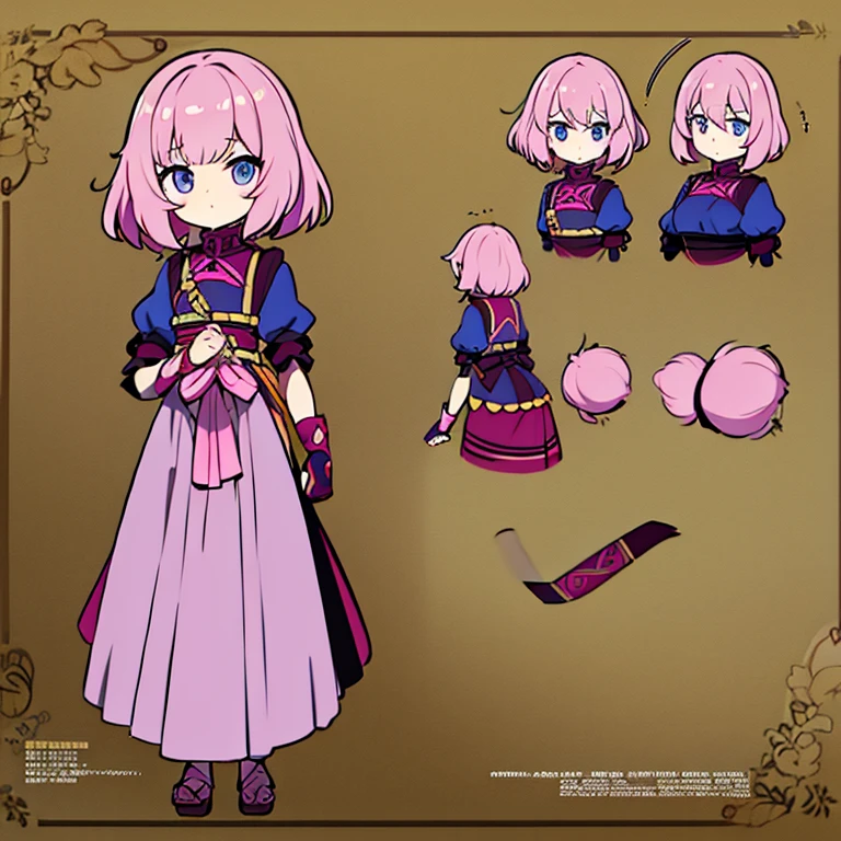 Personagem feminino,cabelo longo,cheio e ondulado de cor castanho escuro, seus olhos castanhos escuro, cor da pele parda, in anime version, de cores das veste branca, with pink and lilac details, em desenho flores, uma personagem feminina estilo anime e uma mestra de bombas Model sheet.