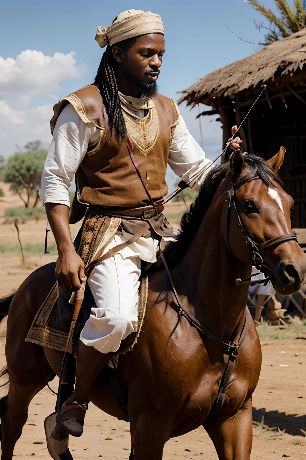 wearing Modest clothing ,brown skin man wearing african garments during biblical times riding on a horse with a bow and arrow in hand, Garments