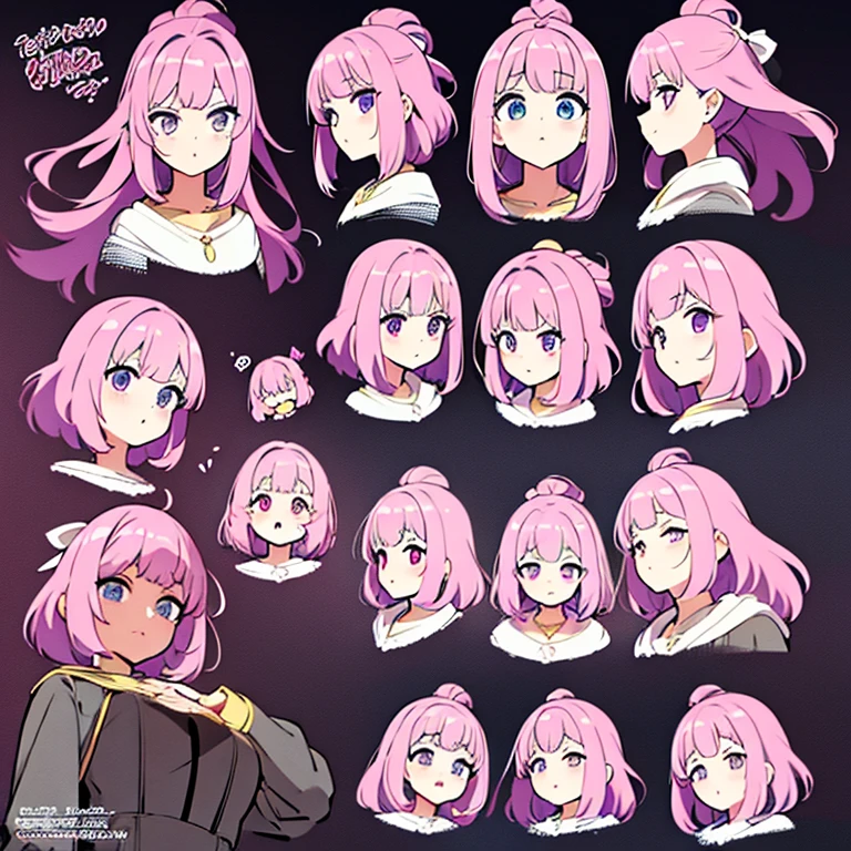 Personagem feminino,cabelo longo,cheio e ondulado de cor castanho escuro, seus olhos castanhos escuro, cor da pele parda, in anime version, de cores das veste branca, with pink and lilac details, em desenho flores, uma personagem feminina estilo anime e uma mestra de bombas Model sheet.