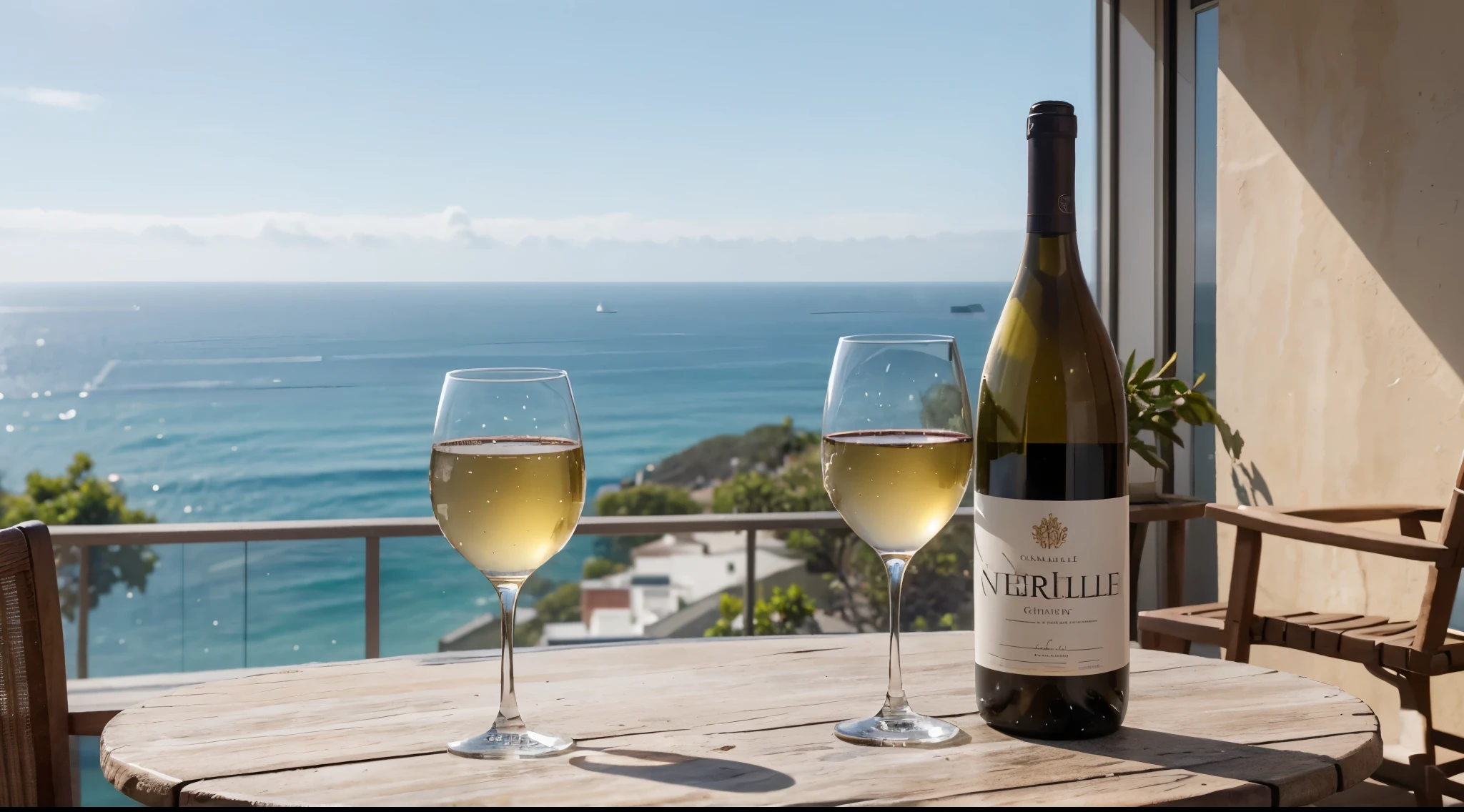 there is a bottle of wine sitting on a ledge overlooking the ocean, a wine glass next to it,  high resolution product photo, white wine bottle, official product photo, très détaillé, whites, award - winning crisp details ”, award-winning crisp details”, far view, high quality product photo, inspired by Charles Le Roux, depth of field ”, depth of field”, environmental shot.