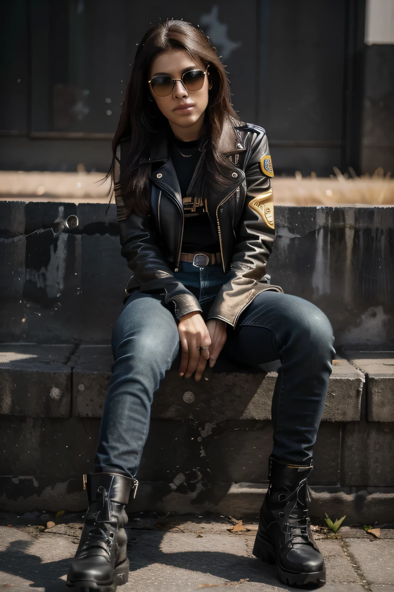 A female biker is a young woman, com apenas 28 anos, que se veste com uma jaqueta de couro preta e jeans rasgada. Ela tem uma cintura baixa, that exposes the lower abdomen. She is sitting on a future Harley-Davidson Black Rebel Thunderbike motorcycle. The design of this bike is full custom with shades of black and gold.. Her look is a combo of ferocity and elegance, which makes it have a perfect composition.