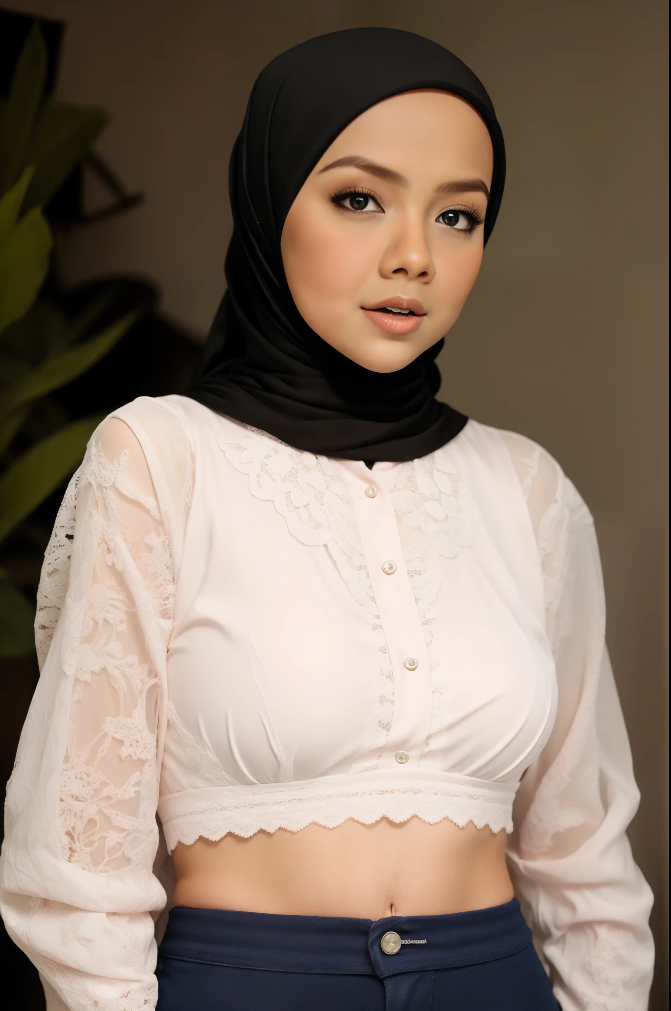 "Mira Filzah", ("Hijab Naked"), Thin Wearing Lace Bra And Panties, "Facial expression in anger"