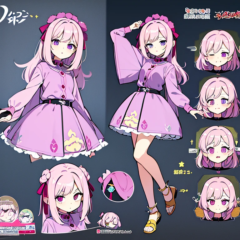 Personagem feminino,cabelo longo,cheio e ondulado de cor castanho escuro, seus olhos castanhos escuro, cor da pele parda, in anime version, de cores das veste branca, with pink and lilac details, em desenho flores, uma personagem feminina estilo anime e uma mestra de bombas Model sheet.