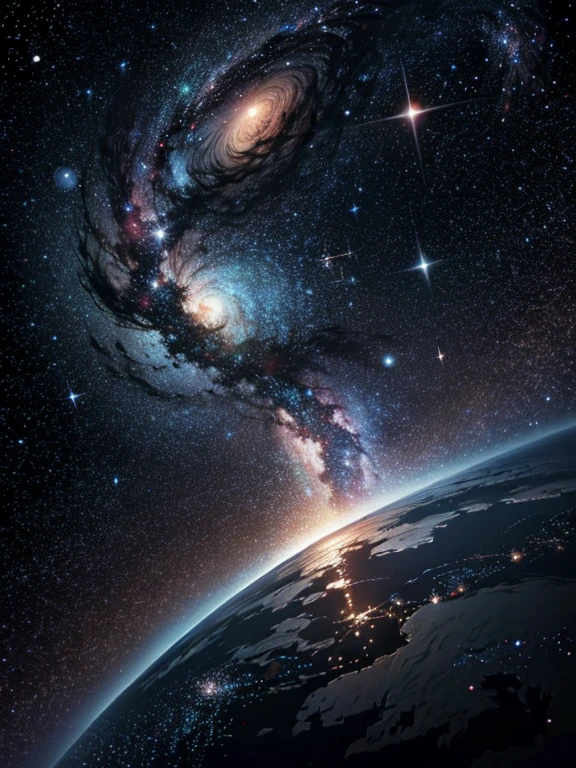 Ultra-realistic 8K CG masterpiece, best quality representation, portraying millions of stars in the universe, with intricately detailed backgrounds featuring a deep space canvas, totally black backdrop dotted with tiny, twinkling specks of light, delicate patterns of constellations in various intricate designs, and complicated details of nebulae and galaxies, each star meticulously rendered to perfection, capturing the vastness and mystery of the cosmos, a true testament to the power of imagination and technology.