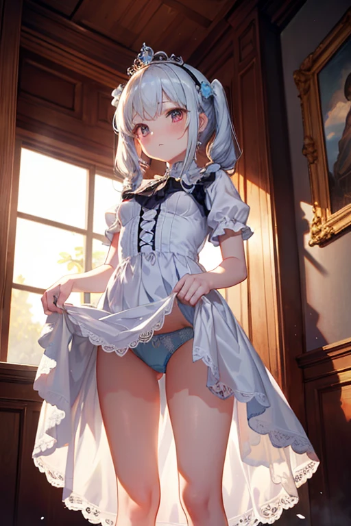 (masterpiece), Princess,Princess,small breasts,light blue lace underwear, Natural light, realistic, diffused light, look up from below,vapor, (lift skirt), (urination), Pigtails,lace stock wang,Luxury Long Dress,embarrassing red face,tiara.royal palace