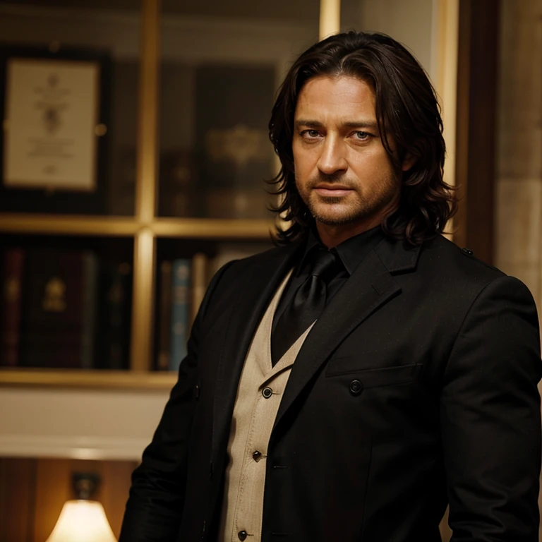 Gerard butler con cabello muy largo color negro en escocia