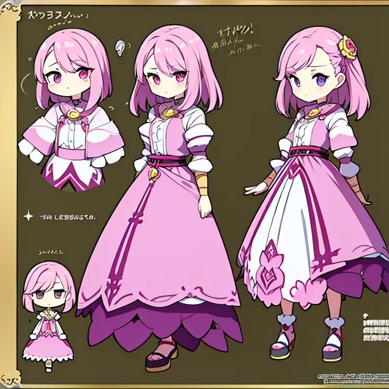 Personagem feminino,cabelo longo,cheio e ondulado de cor castanho escuro, seus olhos castanhos escuro, cor da pele parda, in anime version, de cores das veste branca, with pink and lilac details, em desenho flores, uma personagem feminina estilo anime e uma mestra de bombas Model sheet.
