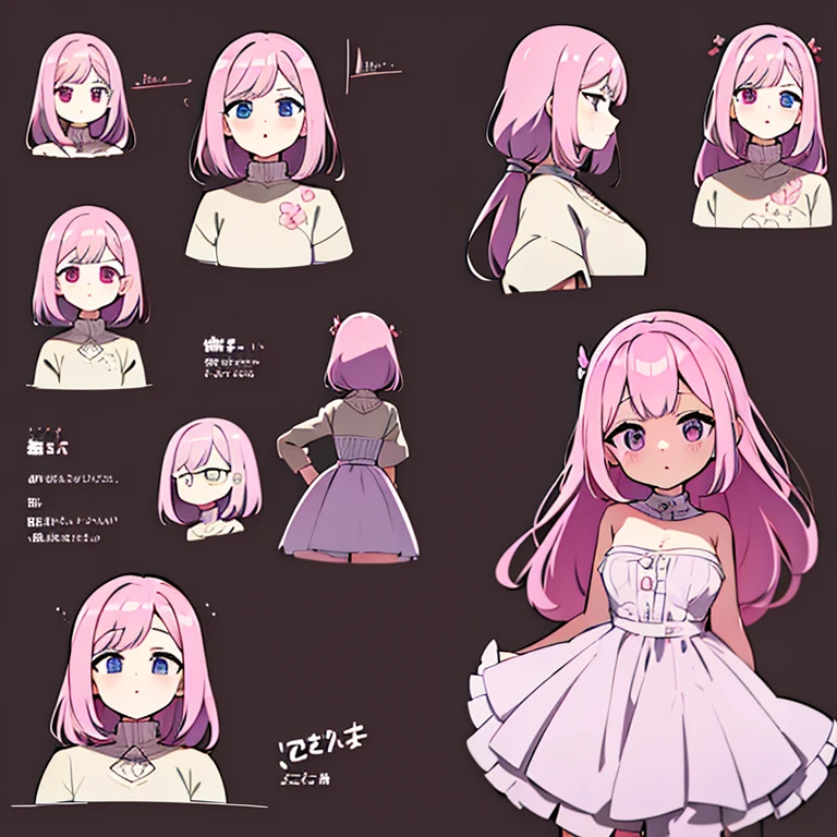 Personagem feminino,cabelo longo,cheio e ondulado de cor castanho escuro, seus olhos castanhos escuro, cor da pele parda, in anime version, de cores das veste branca, with pink and lilac details, em desenho flores, uma personagem feminina estilo anime e uma mestra de bombas Model sheet.