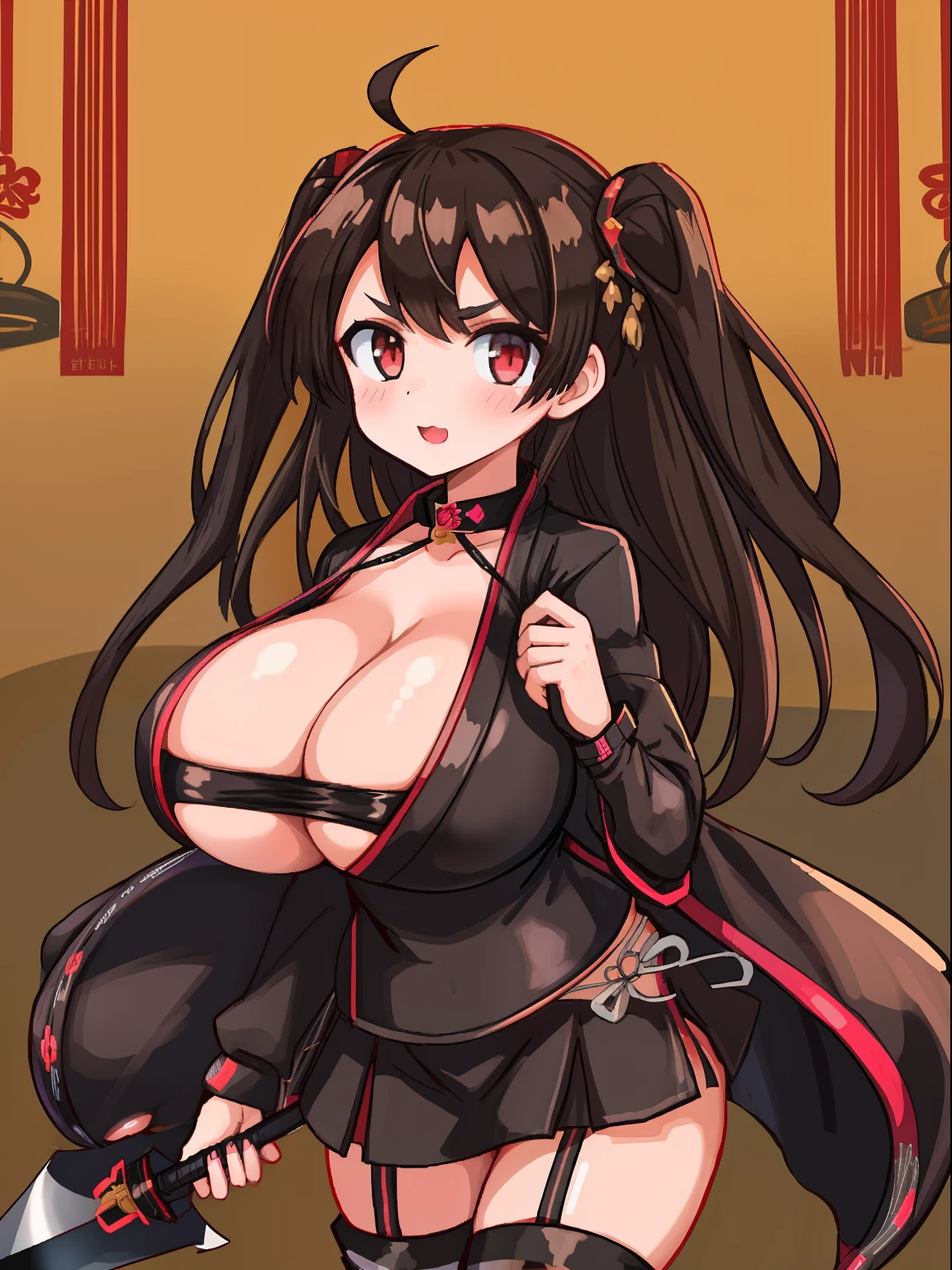 (brunette girl:1.2), (black kunoichi outfit:1.2), (huge tits:1.3), (high quality:1.2), (solo:1.2), (dual daggers:1.2)