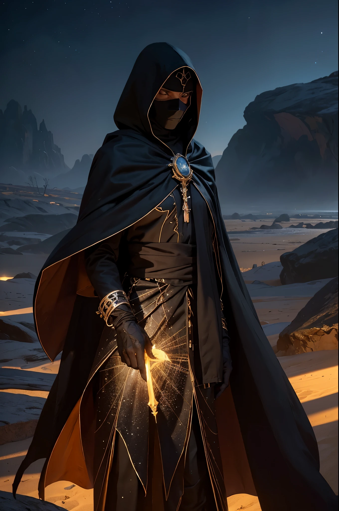 In the vast expanse of the Black Desert, where the sun casts long, ominous shadows, a mysterious figure emerges. The scorching sand reflects the faintest glimmers of sunlight, but despite the arid conditions, this creature thrives.

An ancient, black-robed mage, with deep, hooded eyes shrouded in darkness, stands amidst the desolation. His robes are intricately woven and glisten slightly with a strange, otherworldly luster. The edges are adorned with symbols of forbidden arcane knowledge, their outlines tracing an ethereal glow around him.

His face is as dark as the night,
