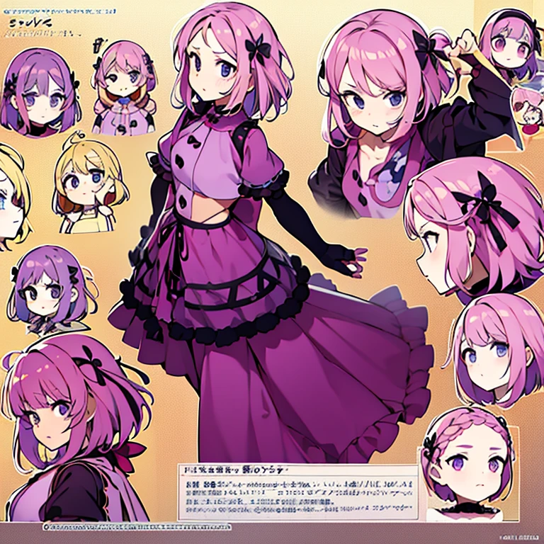 Personagem feminino,cabelo longo,cheio e ondulado de cor castanho escuro, seus olhos castanhos escuro, cor da pele parda, in anime version, de cores das veste branca, with pink and lilac details, em desenho flores, an anime-style female character and a bomb master Manga model sheet 