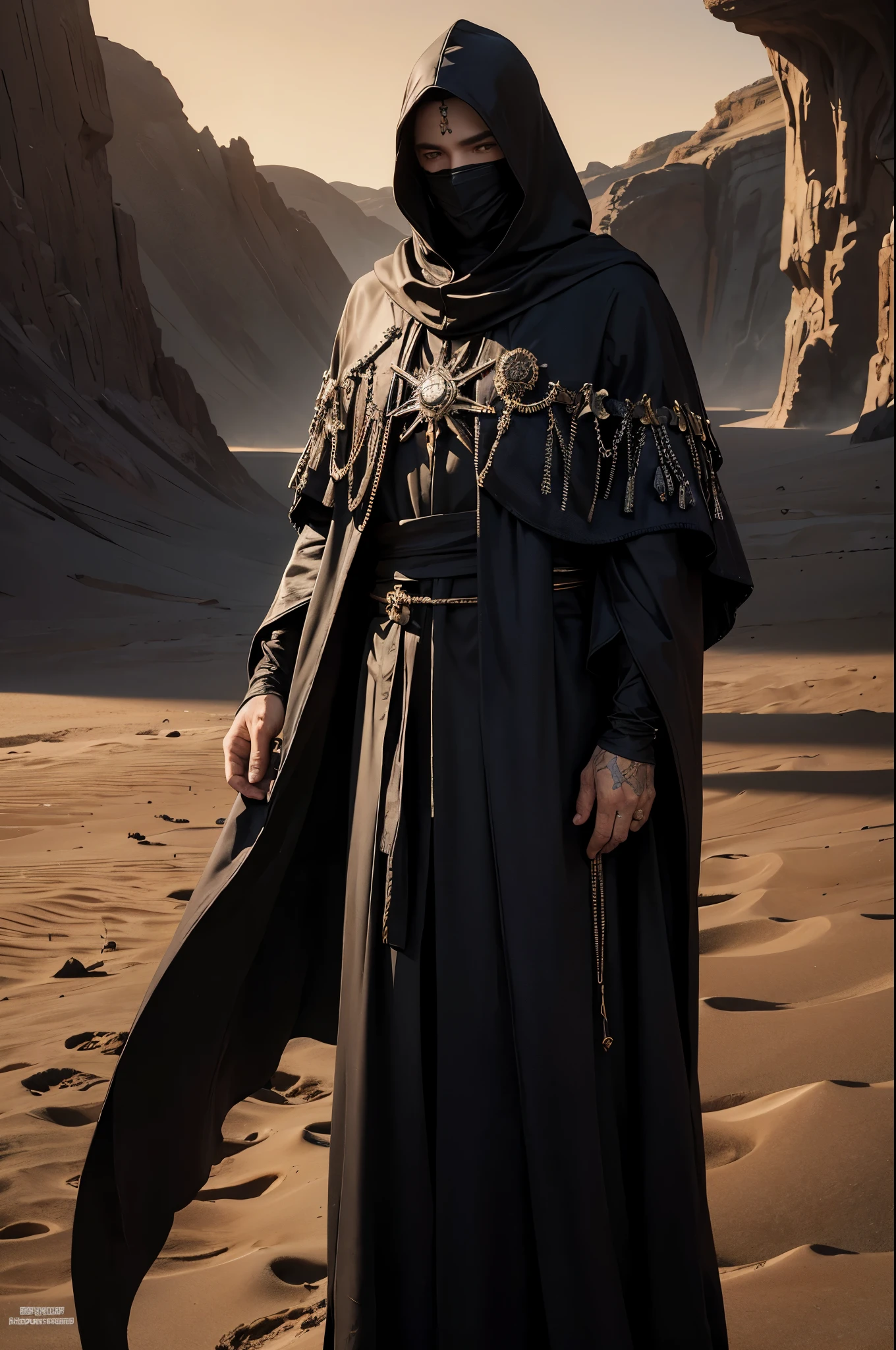 In the vast expanse of the Black Desert, where the sun casts long, ominous shadows, a mysterious figure emerges. The scorching sand reflects the faintest glimmers of sunlight, but despite the arid conditions, this creature thrives.
An ancient, black-robed mage, with deep, hooded eyes shrouded in darkness, stands amidst the desolation. His robes are intricately woven and glisten slightly with a strange, otherworldly luster. The edges are adorned with symbols of forbidden arcane knowledge, their outlines tracing an ethereal glow around him.
His face is as dark as the night,