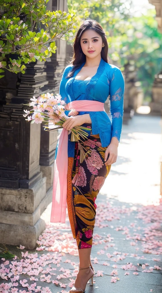 (((Sexy Balinese girl holding a bouquet of pink cherry blossoms))),(8k, RAW photo, best quality, work:1.3), (realistic, photo-realistic:1.37),1girl,cute,city view,night,rain ,wet,professional lighting,photon mapping,radiosity,Physically based rendering,gradient black hair,hair in a bun,bun filled with lots of Balinese gold flowers ,beautiful,feminine,collection of white balls,excellent image quality,high resolution,1080p, (((clear face)) ), (detailed facial description), (detailed hand description), ((( masterpiece))), (beautiful CG), extreme light and shadow, messy hair, masterpiece, rich details, ( beautiful facial features), (highest image quality ), (masterpiece), (eye details), look forward to your eyes, delicate collarbone, (((blue_kebaya_bali))),(non NSFW),(Full Body),(cute face:1.5 ),(large body:1.2 )(large breasts:1.7),high heels,(large hips:1.5),(large thighs:1.4),(wide waist:1.4),blue kebaya_bali,slightly exposed breasts,cleavage of breasts, lipgloss,Lace,