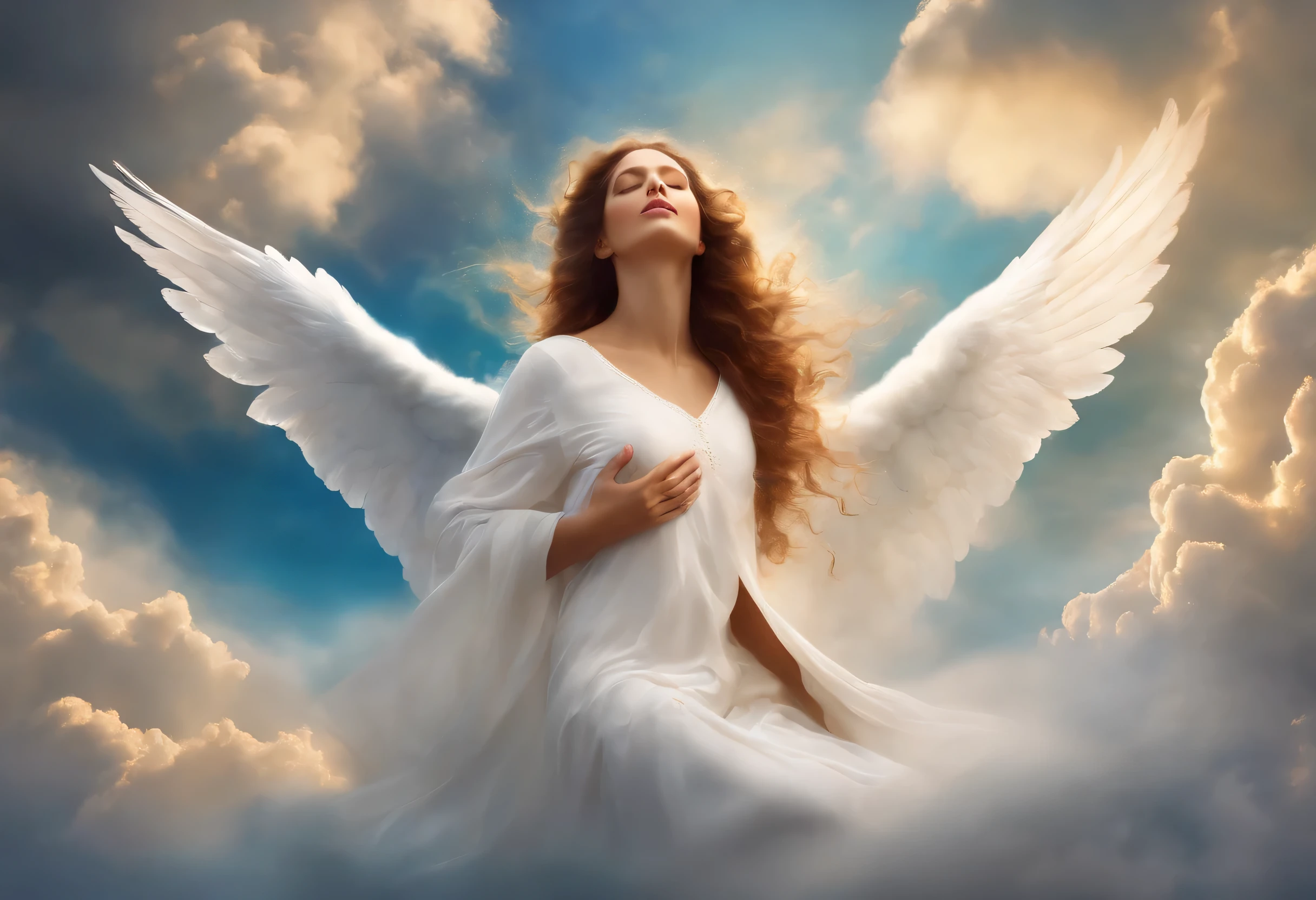 Angelic woman eyes closed, in heavenly clouds, with angels around her , digital art by Tadeusz Pruszkówski, 