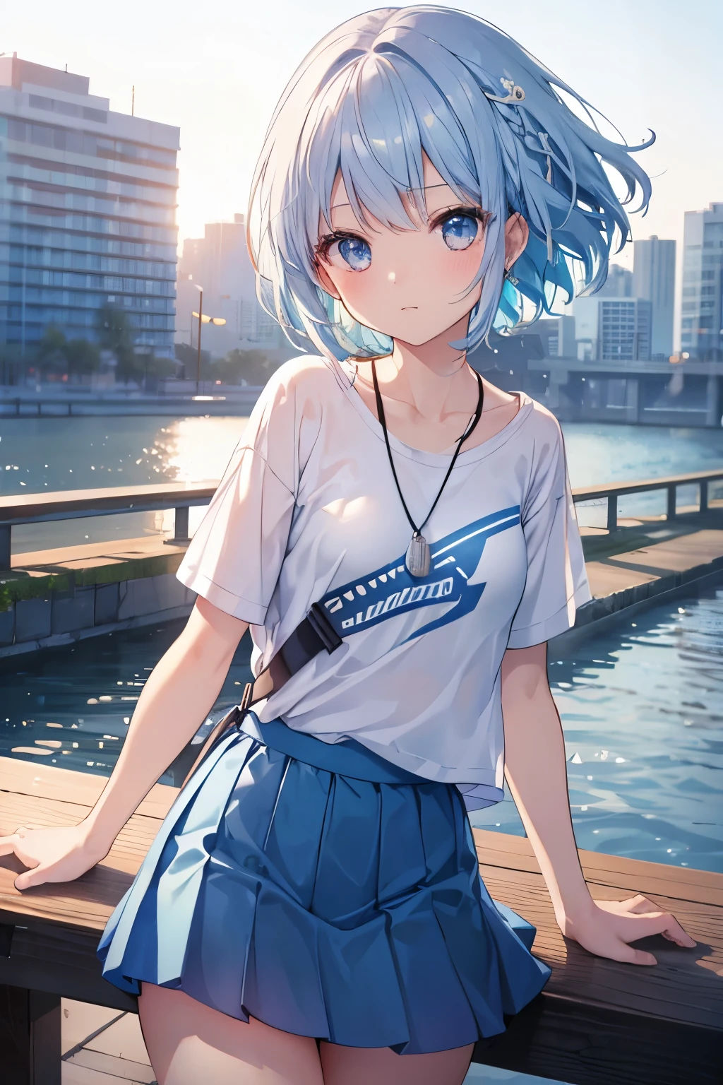 Official art、Top quality ultra-detailed CG art、a beauty girl:1.2)、blue hairs、Glossy hair、smooth hair、large blue eyes,Mid summer、kawaii、The sky is beautiful、Cute、bob cuts、sports wear、Smooth clothes、ssmile、It features a simple、Naked、
