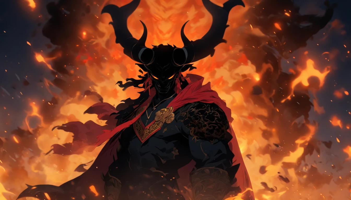 in the dark,Matador stands next to a fiery black bull,Strike a pose, Epic hot atmosphere. This illustration will be in a comic style.