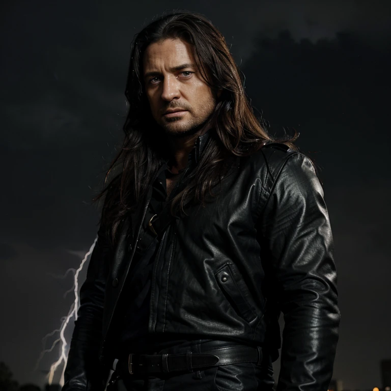 Gerard Butler with very long black hair with a serious expression and lightning in the night sky