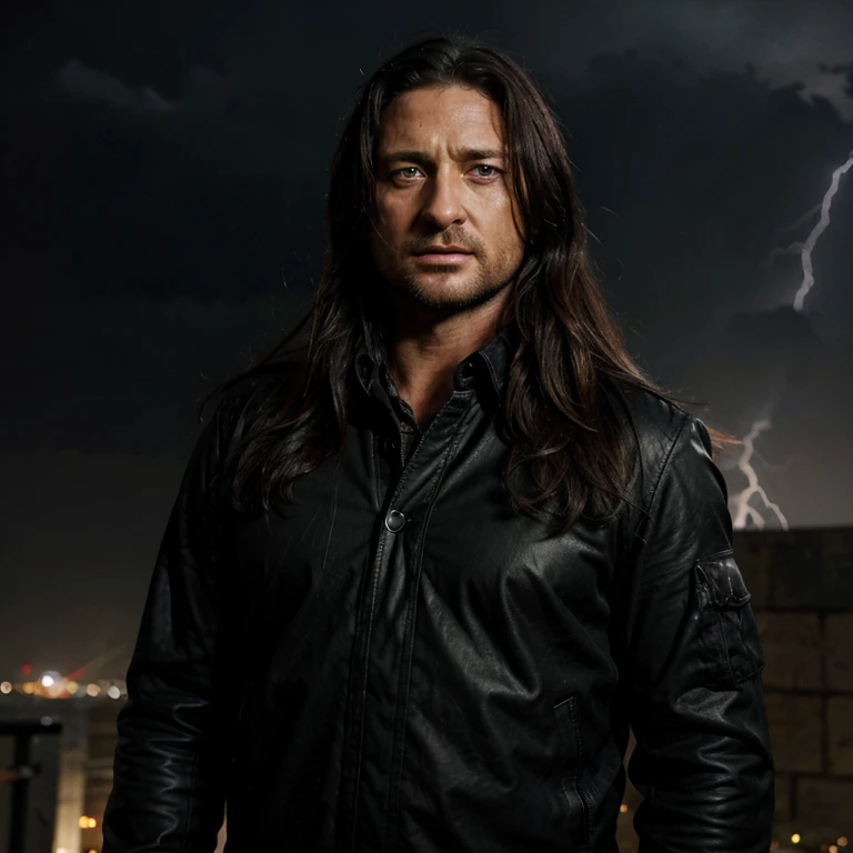 Gerard Butler with very long black hair with a serious expression and lightning in the night sky