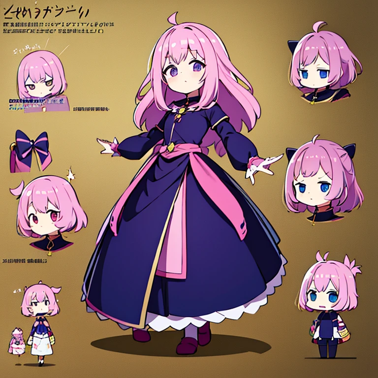 Personagem feminino,cabelo longo,cheio e ondulado de cor castanho escuro, seus olhos castanhos escuro, cor da pele parda, in anime version, de cores das veste branca, with pink and lilac details, em desenho flores, uma personagem feminina estilo anime e uma mestra de bombas Model sheet.