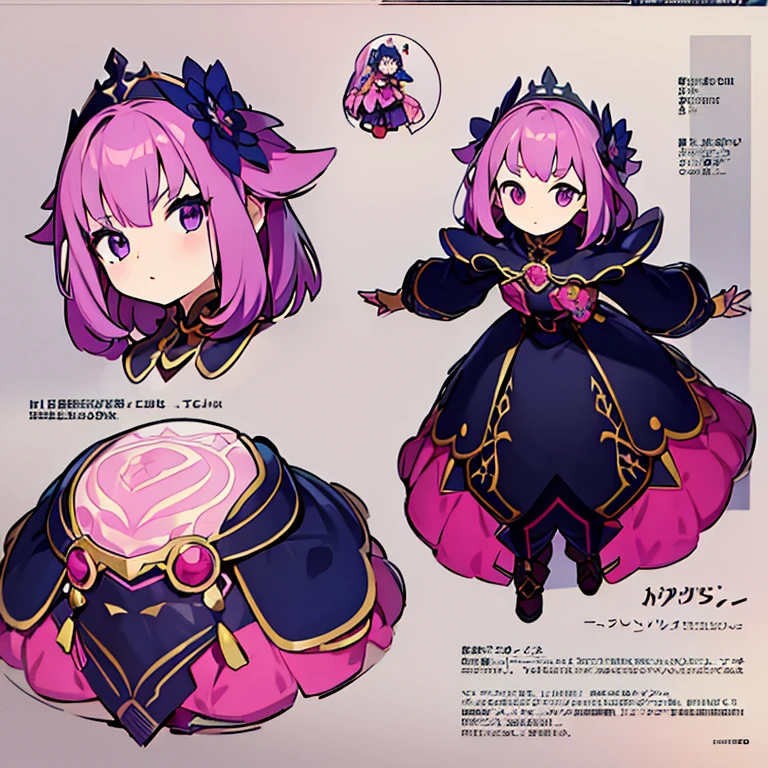 Personagem feminino,cabelo longo,cheio e ondulado de cor castanho escuro, seus olhos castanhos escuro, cor da pele parda, in anime version, de cores das veste branca, with pink and lilac details, em desenho flores, uma personagem feminina estilo anime e uma mestra de bombas Model sheet.