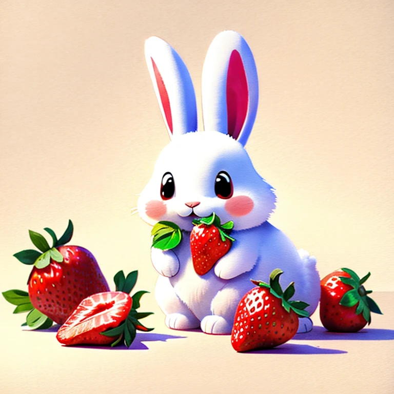 Rabbit eating strawberry,watercolor,cute,flat style,meticulous