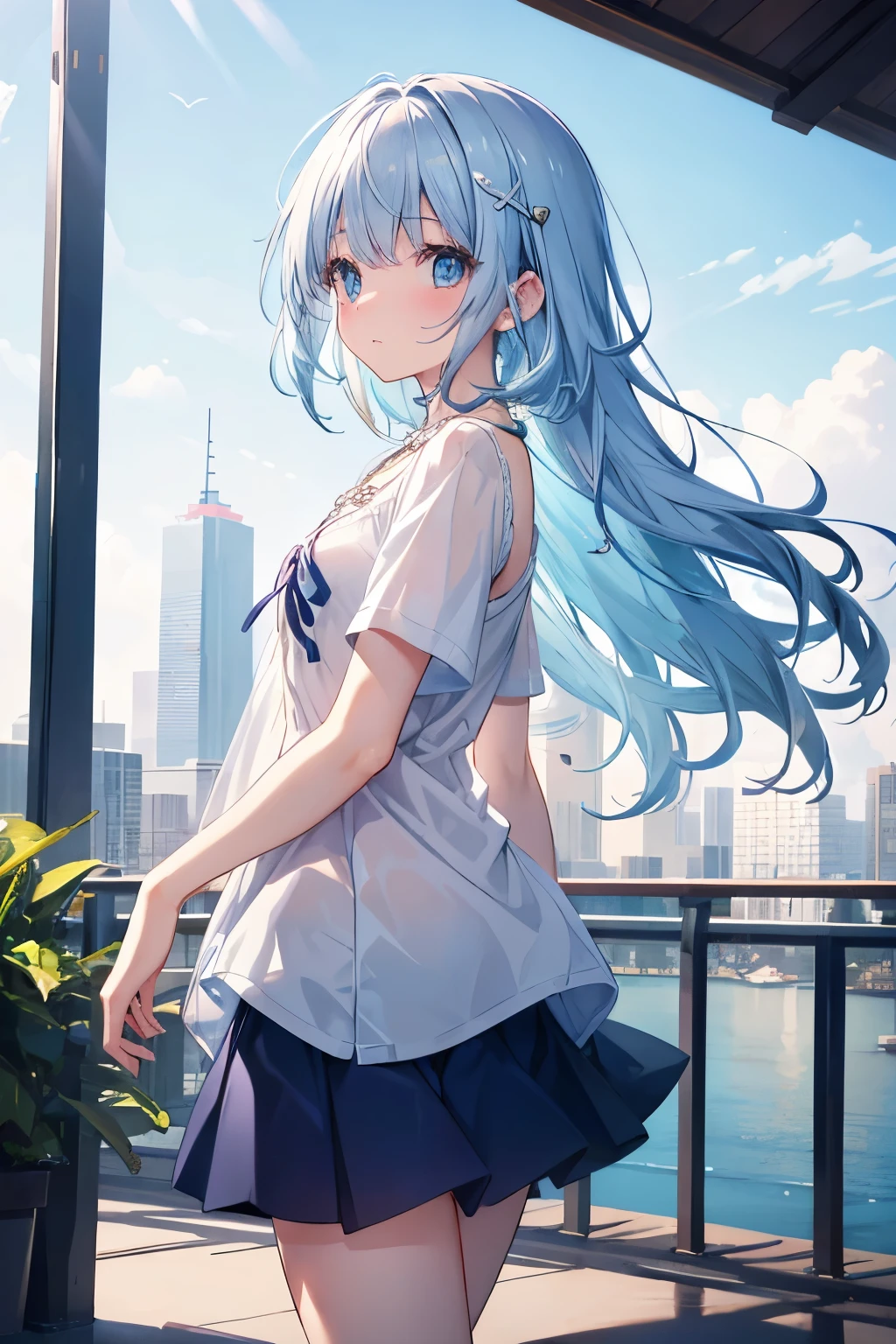 (table top, highest quality:1.2), 1 girl, alone, cute, cute, digital art、Eimei、(length, beautiful, blue hair.flowing in the wind)、T-shirt、mini skirt、Urban hustle and bustle、Arranging a date,daytime, embarrassed look, silver hair(short)、glowing skin、small-faced beauty, heart shaped necklace,low angle lens、perfect composition、Perfect light and shadow delicacy、In 8K