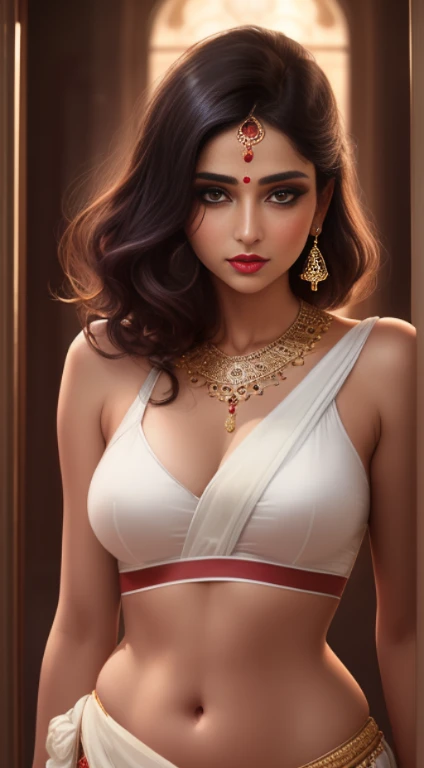 indian woman with medium bob cut hair, perfect detailed face, mature pretty brown girl, hot mature woman, curvy hourglass figure, detailed symmetric light brown eyes with circular iris, beautiful, walking and posing, look at observer, 30 year old woman, extremely detailed face, realistic, real life, perfect photo realistic picture, realistic, curvy body, hourglass figure, stunning realistic photograph, detailed fingers, detailed realistic face, nice fingers, real human nails, extremely attractive girl, perfect detailed tanned brown skin, round eyes, perfect detailed face with realistic complexion and skin with small pores, small nose, perfect posture, natural limbs, long legs, detailed symmetrical eyeballs, symmetrical eyes, realistic eyeballs, realistic detailed eyes, makeup, no long neck, no long waist, ideal proportional body, seductive gaze, looking in the direction of the viewer, captivating facial features, 5feet 5inch tall, two arms, two legs, one head, realistic big breasts, realistic natural bodies, realistic shadows, mystical lighting, 8K, UHD, ((body facing the viewer, showing to camera)), “wide angle”, full-body shot, full pose, (photo studio white background), very sensual, cinematics light, Centered hipereallistic cover photo, awesome full color, cinematic, behance contest winner, portrait featured on unsplash, stylized digital art, smooth, ultra high definition, wearing a white cotton saree and white short sleeveless blouse, wearing indian sandals on foot, pouty lips colored with light pink lipstick, 80mm , indian housewife attire , hairs divided in the middle, Realistic,round ass, realhands,indian jewelery, Realism, wearing indian ornaments like nose-pierce, necklace, earings, bangles, light brownish lipstick on lips, wearing bindi on the forehead, lean face, no excessive body fat, saree draped in a sensual way showing her little chubby belly, naval are and a part of her big breasts, long face shape with mathing checkbone, hairs are neck height long 