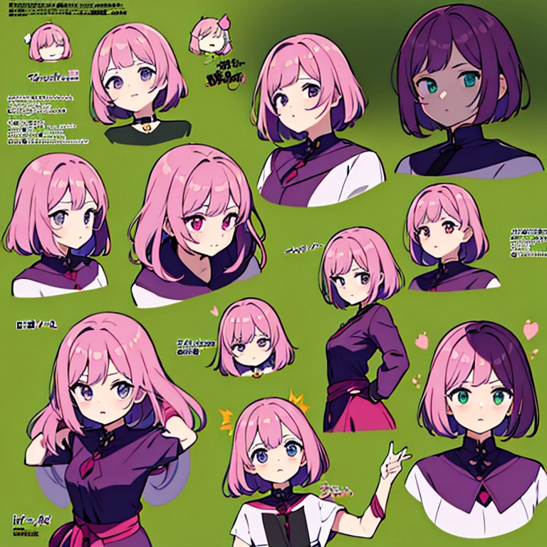 Personagem feminino,cabelo longo,cheio e ondulado de cor castanho escuro, seus olhos castanhos escuro, cor da pele parda, in anime version, de cores das veste branca, with pink and lilac details, em desenho flores, uma personagem feminina estilo anime e uma mestra de bombas Model sheet.