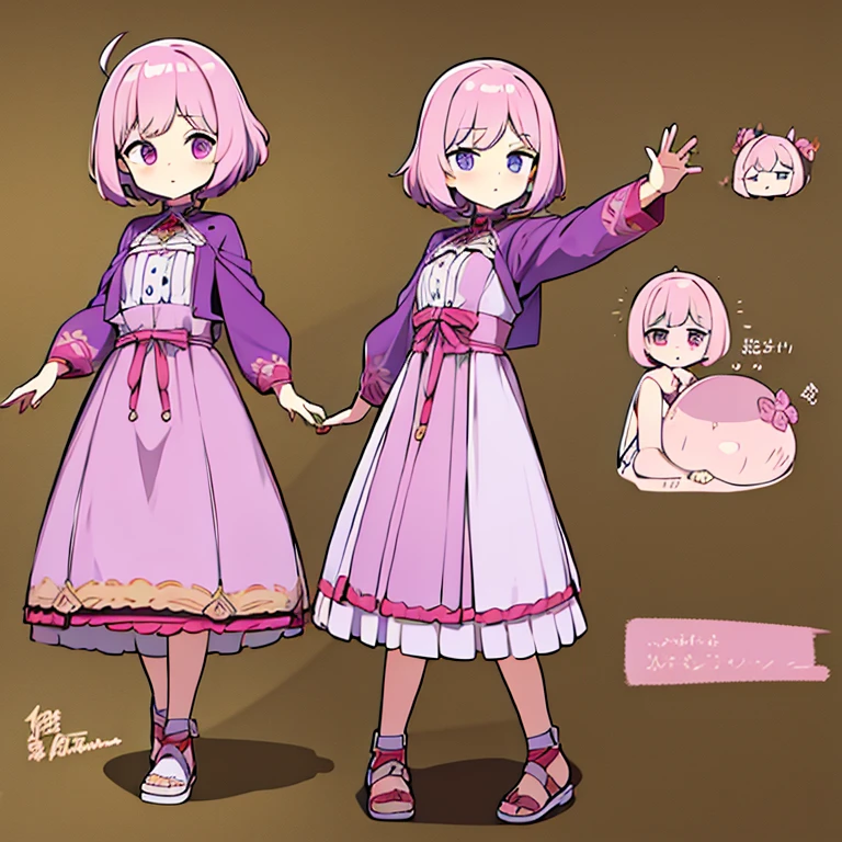 Personagem feminino,cabelo longo,cheio e ondulado de cor castanho escuro, seus olhos castanhos escuro, cor da pele parda, in anime version, de cores das veste branca, with pink and lilac details, em desenho flores, uma personagem feminina estilo anime e uma mestra de bombas Model sheet.