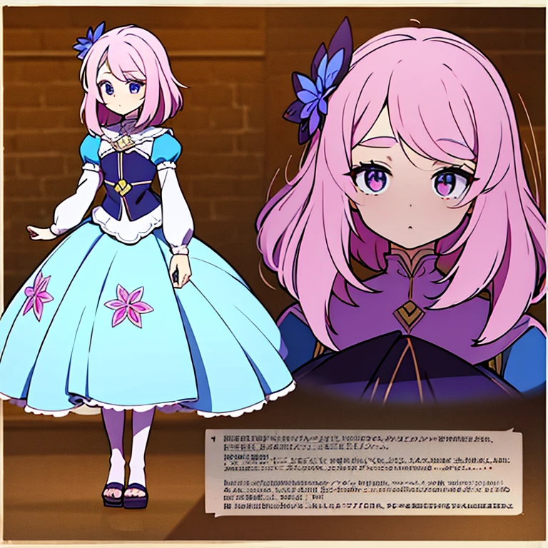 Personagem feminino,cabelo longo,cheio e ondulado de cor castanho escuro, seus olhos castanhos escuro, cor da pele parda, in anime version, de cores das veste branca, with pink and lilac details, em desenho flores, uma personagem feminina estilo anime e uma mestra de bombas Model sheet.
