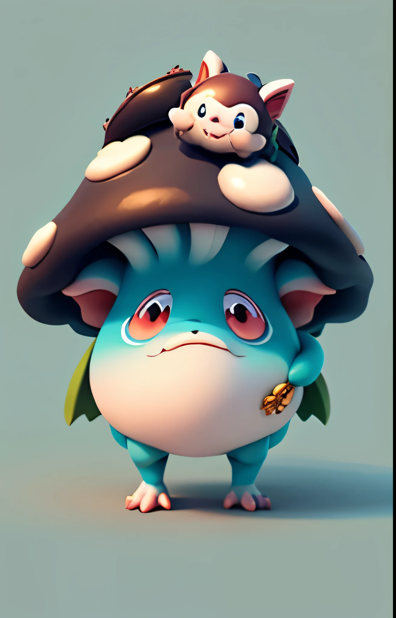 A mushroom with a dragon lying on its head, 3D rendering, c4d modeling, ultra-clear image quality, clay material, blind box hand-made style, Morandi color scheme, soft and clean colors, fine lines, mushroom, fungus, cute forest creatures,mushroom, Based on the character of Haggis,mushroom, friendly guys and critters, and a cute dragon, gentlemen. cartoon creature,There is a dragon on the mushroom head with a glossy and matte feel