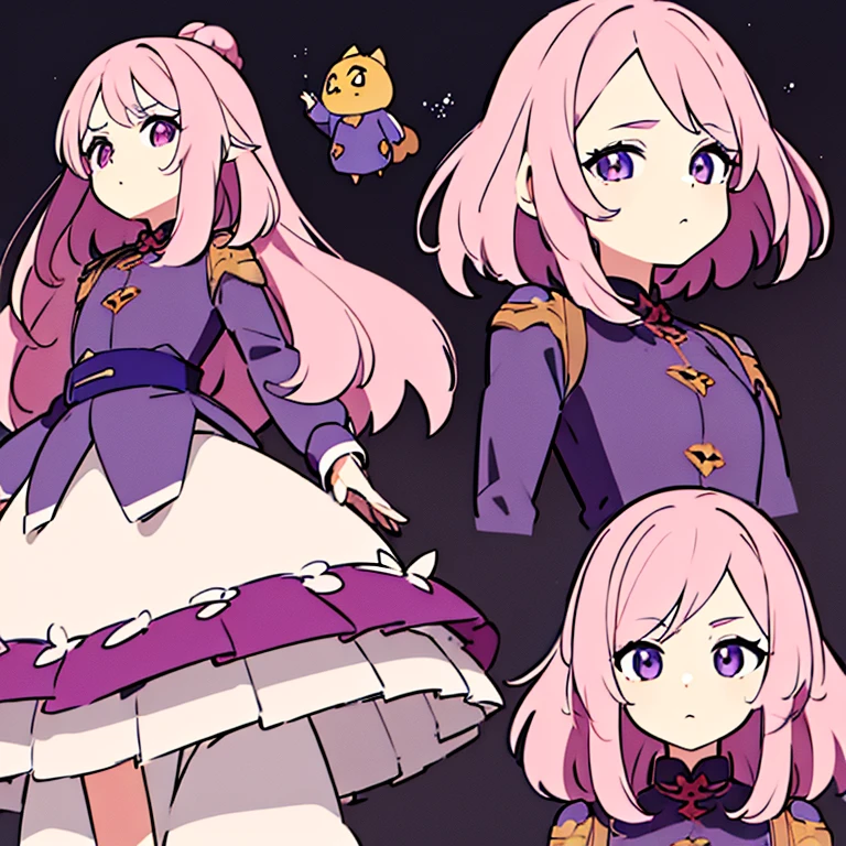 Personagem feminino,cabelo longo,cheio e ondulado de cor castanho escuro, seus olhos castanhos escuro, cor da pele parda, in anime version, de cores das veste branca, with pink and lilac details, em desenho flores, uma personagem feminina estilo anime e uma mestra de bombas Model sheet.