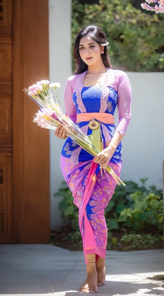 (((Sexy Balinese girl holding a bouquet of pink cherry blossoms))),(8k, RAW photo, best quality, work:1.3), (realistic, photo-realistic:1.37),1girl,cute,city view,night,rain ,wet,professional lighting,photon mapping,radiosity,Physically based rendering,gradient black hair,hair in a bun,bun filled with lots of Balinese gold flowers ,beautiful,feminine,collection of white balls,excellent image quality,high resolution,1080p, (((clear face)) ), (detailed facial description), (detailed hand description), ((( masterpiece))), (beautiful CG), extreme light and shadow, messy hair, masterpiece, rich details, ( beautiful facial features), (highest image quality ), (masterpiece), (eye details), look forward to your eyes, delicate collarbone, (((blue_kebaya_bali))),(non NSFW),(Full Body),(cute face:1.5 ),(large body:1.2 )(large breasts:1.7),high heels,(large hips:1.5),(large thighs:1.4),(wide waist:1.4),blue kebaya_bali,slightly exposed breasts,cleavage of breasts, lipgloss,Lace,