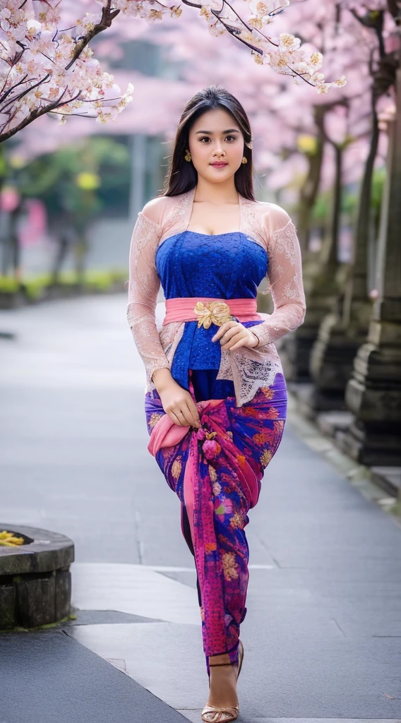 (((Sexy Balinese girl holding a bouquet of pink cherry blossoms))),(8k, RAW photo, best quality, work:1.3), (realistic, photo-realistic:1.37),1girl,cute,city view,night,rain ,wet,professional lighting,photon mapping,radiosity,Physically based rendering,gradient black hair,hair in a bun,bun filled with lots of Balinese gold flowers ,beautiful,feminine,collection of white balls,excellent image quality,high resolution,1080p, (((clear face)) ), (detailed facial description), (detailed hand description), ((( masterpiece))), (beautiful CG), extreme light and shadow, messy hair, masterpiece, rich details, ( beautiful facial features), (highest image quality ), (masterpiece), (eye details), look forward to your eyes, delicate collarbone, (((blue_kebaya_bali))),(non NSFW),(Full Body),(cute face:1.5 ),(large body:1.2 )(large breasts:1.7),high heels,(large hips:1.5),(large thighs:1.4),(wide waist:1.4),blue kebaya_bali,slightly exposed breasts,cleavage of breasts, lipgloss,Lace,